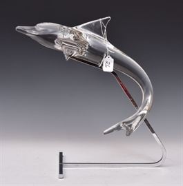 Daum Crystal Dolphin Sculpture
on chrome base
17 1/2" long scuplture
signed "Daum/France"