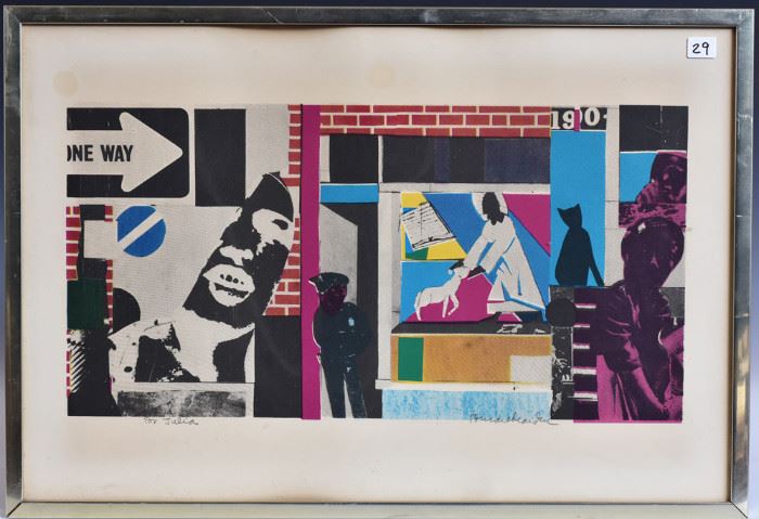 Romare Bearden
Untitled (One Way)
15" x 22" (sheet) lithograph
pencil signed lower right and inscribed
"For Julia"