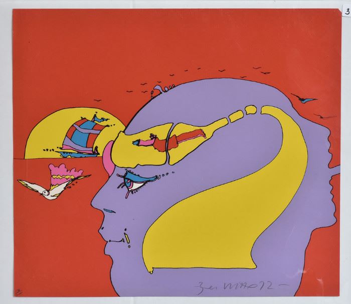 Peter Max
15" x 17" serigraph
pencil signed and dated 1972 lower right
Peter Max blind stamp, edition of 300
unframed