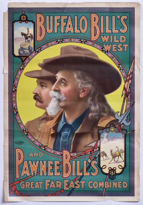 Buffalo Bill's Wild West and Pawnee Bill's Great Far East Combined Poster
41" x 28"
copyright 1909, US Lithograph Co.,
Russell-Morgan Print, Cincinnati & NY