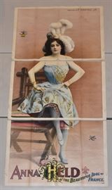 Vaudeville Poster
Anna Held, The Beauty Idol
of France, Direction of F. Ziegfeld Jr.
80" x 41 1/2" three sheet (loose)
H. C. Miner, Lithography, NY