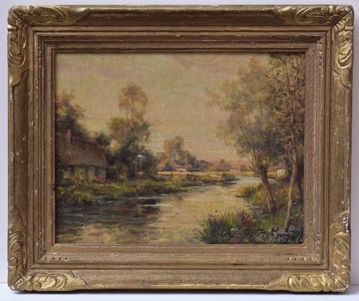 Louis Aston Knight (1873–1948)
River Landscape with Cottage
10 1/2" x 13 1/2" oil on canvas
signed lower right
inscribed verso "To Mrs. Chisholm/
with best wishes/from Aston Knight/
Aug. 3, 1947"