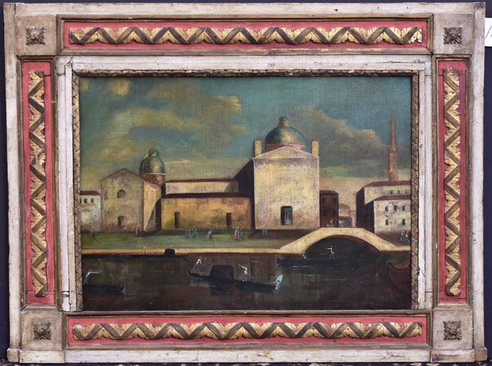 Venetian School
Venice
25" x 36" oil on canvas
with period paint decorated frame,
38" x 49 3/4" overall
unsigned
17th century