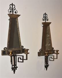 Pair Italian Mirrored Sconces
giltwood with tole finials and mounts
39 1/2" long
early 20th century