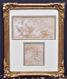 Old Master Drawings
Mythological Scene in the Clouds
6 1/2" x 12" and 6 1/2" x 5 1/2" 
watercolor with arabesque on laid paper
both signed verso, probably Italian