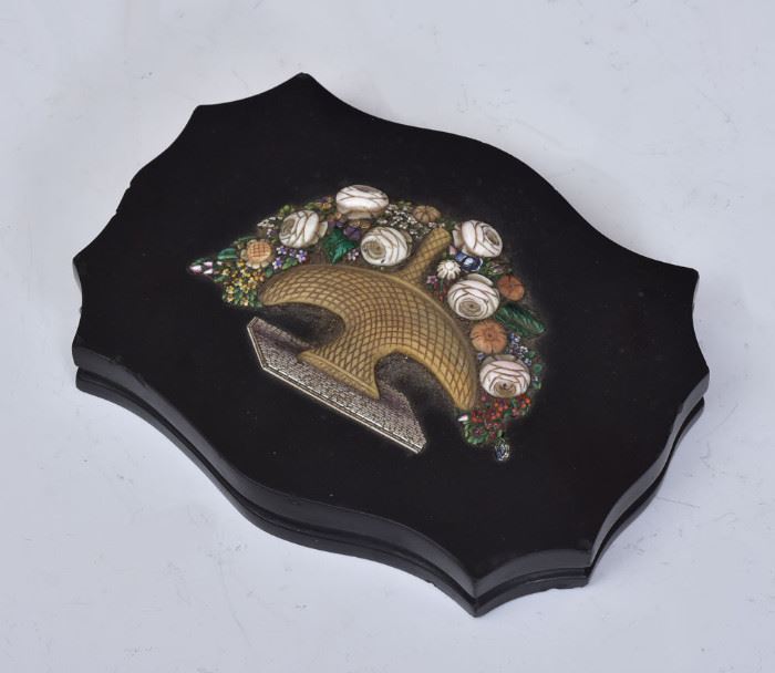 Italian Micro Mosaic Paper Weight
Description 	
Basket with Flowers 
on a raised relief with slate base
6" x 4 1/2"
circa 1880