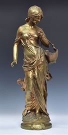 after Auguste Moreau Bronze Statue
Woman with Flower Basket
30" high, plaque reads:
 "F. Diole a L. Severin/1870-1899"