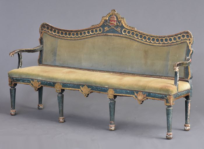 Italian Gilt and Paint Decorated Settee
 75" long, 45 1/2" high
18th century