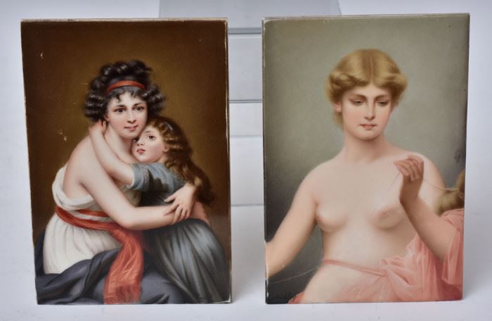 German Painted Porcelain Plaques (2)
Nude Sewing and Mother and Child
the largest 5 3/4" x 4"
both signed by the artist