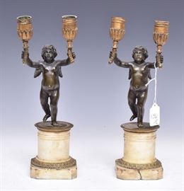 French Empire Figural Candelabra
Bronze Putti on alabaster bases
each 12" high
late 19th century