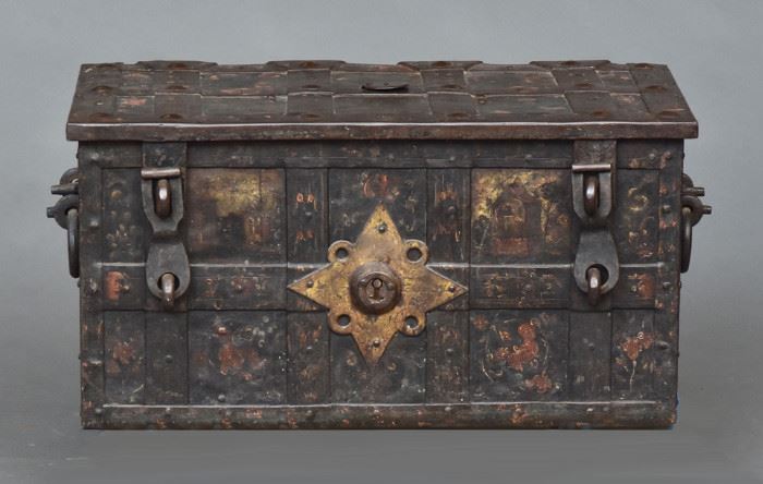 Spanish Iron Strong Box
with paint decoration
34 1/2" x 17", 16" high
17th century
selling locked and without key