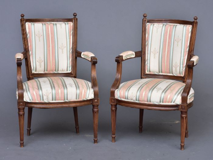 Pair of French Louis XVI Style Arm Chairs
24" x 25 1/2", 37" high
19th century