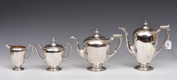 Reed and Barton Sterling Silver Tea Set
including 9 1/2" tall  coffee pot, tea pot, 
creamer and sugar bowl, 68 troy oz gross
early 20th century