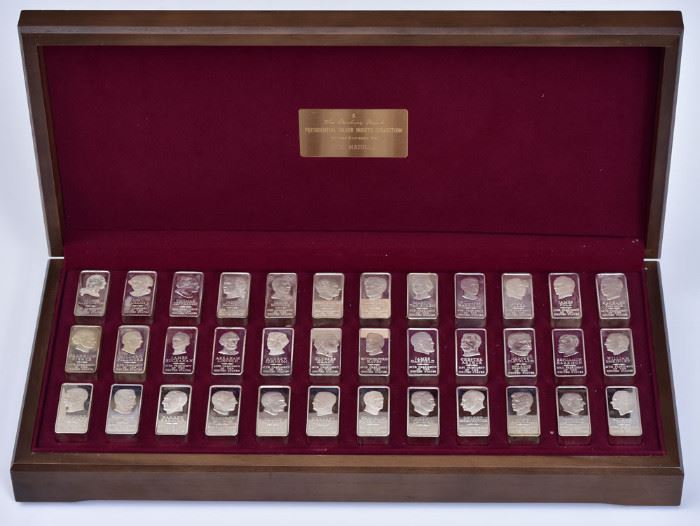 Presidential Silver Ingots Collection
36 ingots each representing a US President
each ingot sterling silver
weighing 2500 grains
The Danbury Mint
190.8 troy ounces
original presentation case