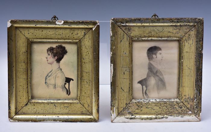 Pair of Portrait Miniatures
Patty Hodgkins, subjects identified as 
Eunice Hastings and Willing Coale
each 5" x 4 1/4" watercolor
unsigned
identified on the back of each