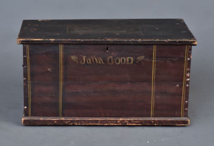 Paint Decorated Blanket Box
stenciled "Julia Goode"
38" x 19 3/4", 20" high
19th century