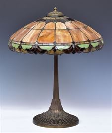 Leaded Glass Parlor Lamp
with 22" base and 18" shade
both unsigned
early 20th century