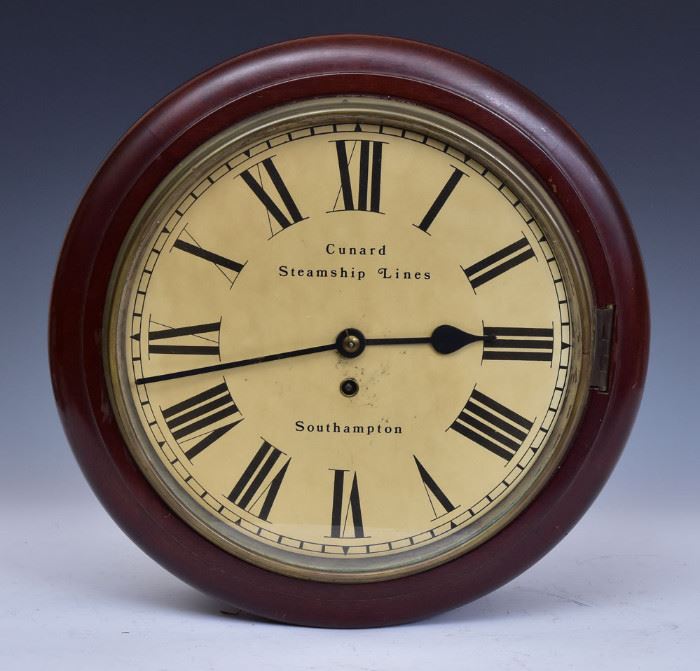 Cunard Steamship Lines Wall Clock
Southampton
walnut case, 15 1/2" diameter
late 19th century