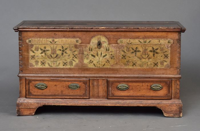 Pennsylvania Paint Decorated Dower Chest
52" x 22", 27 3/4" high
signed and dated 1787