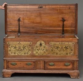 Pennsylvania Paint Decorated Dower Chest
52" x 22", 27 3/4" high
signed and dated 1787