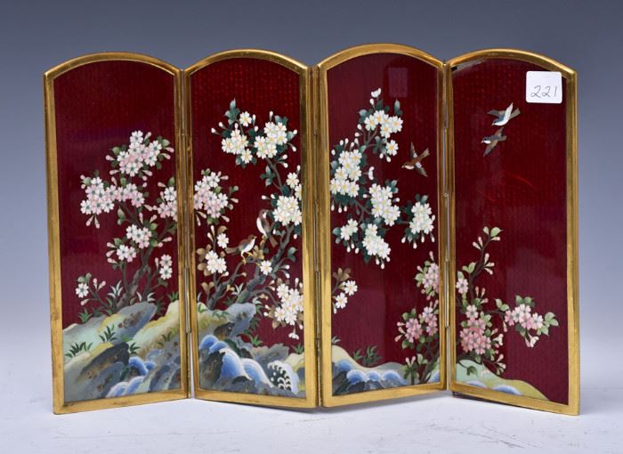 Japanese Cloisonne Table Screen
four panels, 7 1/4" x 13"
stamped "Made in Japan"