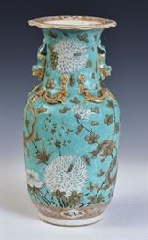 Chinese Porcelain Vase
Dragons on a teal ground
with applied gilt dragon handles
14 1/4" high