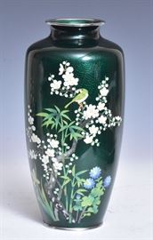 Japanese Cloisonne Vase
Bird on a cherry blossom branch
on a green ground
10 3/4" high