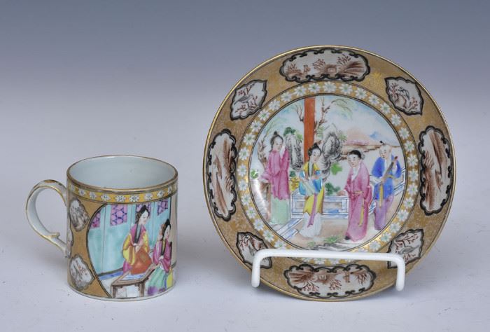 Chinese Export Cup and Saucer
with scenic panel
2 3/4" high cup
late 18th century