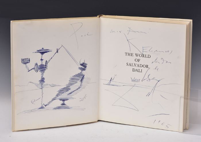 Salvador Dali Ink Drawing
Description 	
with inscription, dated 1965
11 3/4" x 19 3/4" on two front pages of
the book The World of Salvador Dali
by Edita Lausanne, First Edition
Harper & Row Publishers, 1962