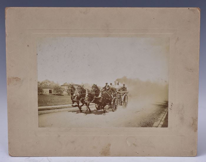 Early Fireman Photography
Three photos depicting horse drawn
fire pumpers, 8 3/4" x 11", 4 3/4" x 6 1/4"
and 4 3/4" x 6 3/4"
two identified on the back "John E. Street
at Wheel", two with photographers stamps
"W. H. C. Pynchon" and "Heckshaw"
late 19th century