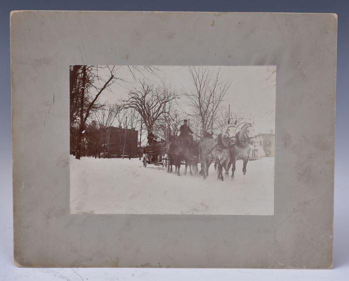 Early Fireman Photography
Three photos depicting horse drawn
fire pumpers, 8 3/4" x 11", 4 3/4" x 6 1/4"
and 4 3/4" x 6 3/4"
two identified on the back "John E. Street
at Wheel", two with photographers stamps
"W. H. C. Pynchon" and "Heckshaw"
late 19th century