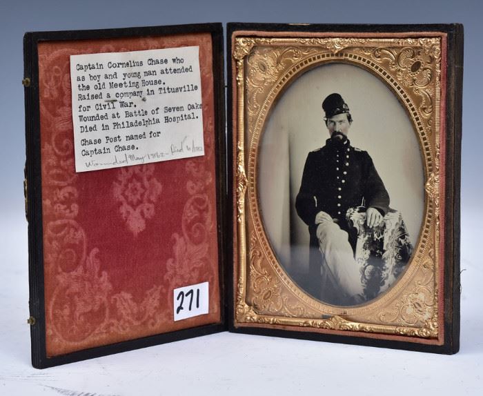 Identified Civil War Half Plate Ambrotype
portrait of  a uniformed 
Captain Cornelius Chase
Pennsylvania 57th Regiment Infantry
Company K
wounded at Battle of Seven Oaks
died at Philadelphia Hospital, 1862