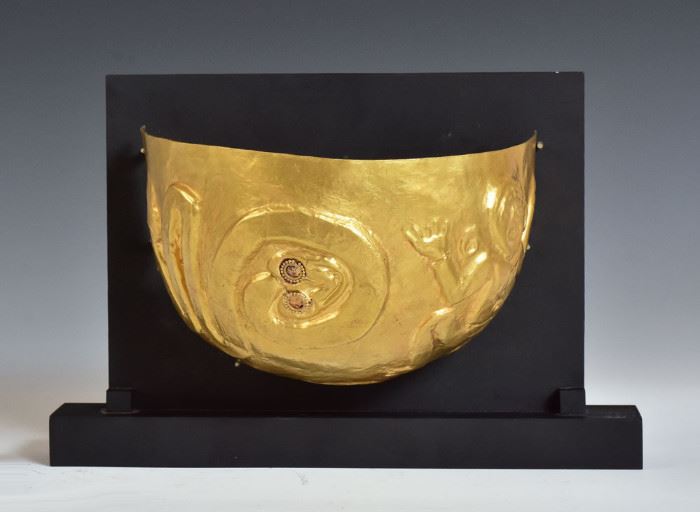 Pre-Columbian Gold Bowl Fragment
La Tolita/Tumaco culture
embossed with snake and Human Figure
7" diameter
tests 18k gold, 125.2 dwt