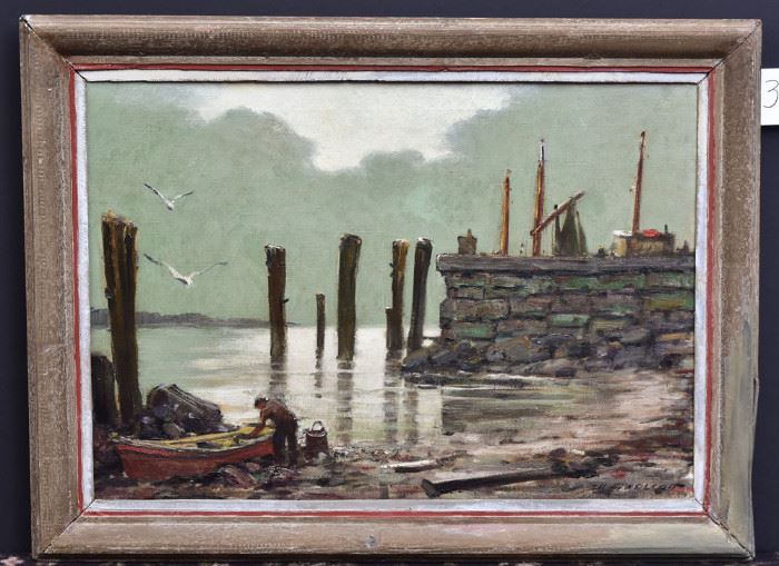 H.C. Wolcott (1898-1977)
Fisherman At The Dock
23" x 33" oil on canvas
signed lower right