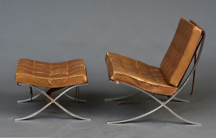 Barcelona Lounge Chair and Ottoman
Ludwig Mies van der Rohe
for Knoll
24 1/2" x 22" high, ottoman
30" x 30", 29" high chair
both labeled  "Knoll Associates, Inc"