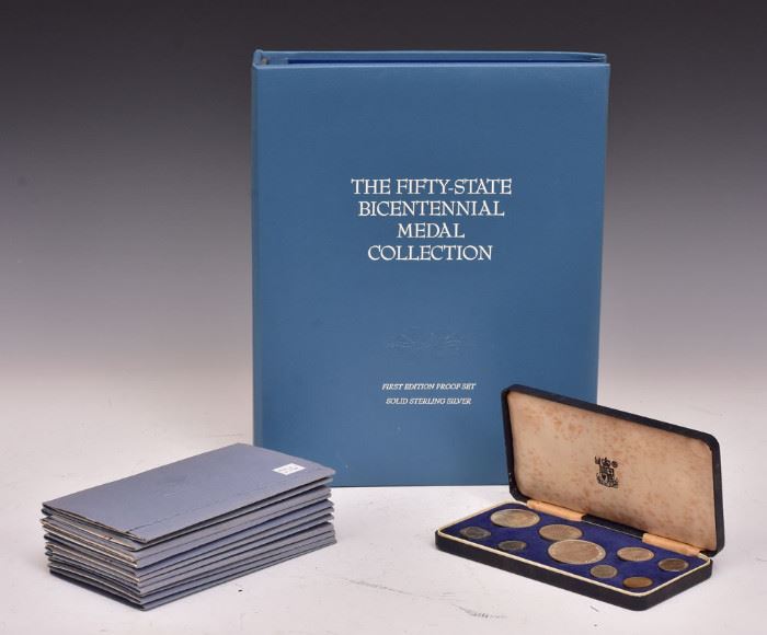 Collection of Commemorative Silver
Franklin Mint Fifty State Bicentennial
Sterling Silver Medal Collection, 
Bahamas Boxed set, Royal Mint London,
and 11 Postmasters of America sterling
silver First Day Cover medallions