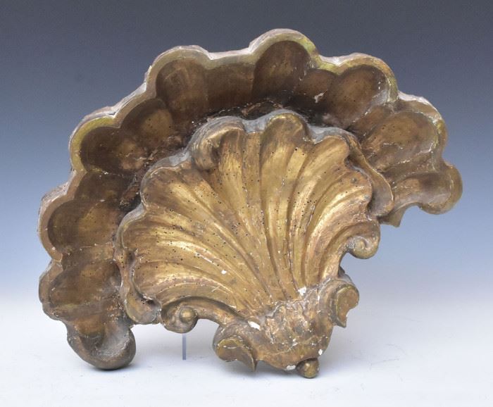 Ornamental Carved Giltwood Shell
20 1/2" wide, 16" high
19th century