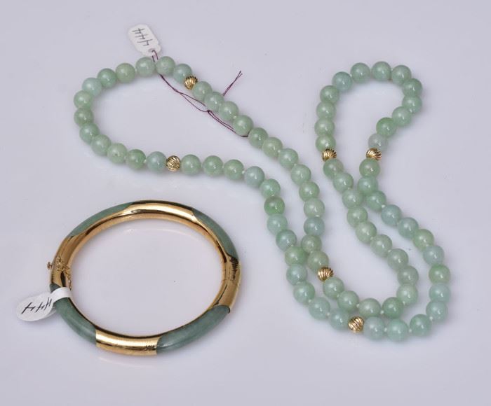 Jade Necklace and Bracelet
both with 14k gold accents
28" long necklace, 9" cuff