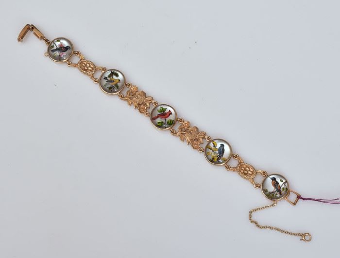 Essex Glass 14k Gold Bracelet
with five bird medallions
7" long, 16 dwt gross