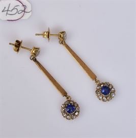 14k Gold Sapphire and Diamond Earrings
1 3/4" long, 2.8 dwt gross