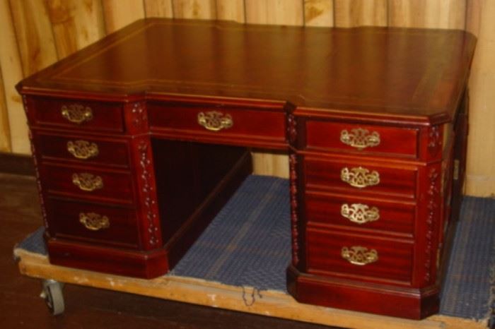 Mahogany Child's Partners Desk w/leather Inlay Top & Compartments On Both Ends - Desk Looks The Same On The Other Side As What You See!