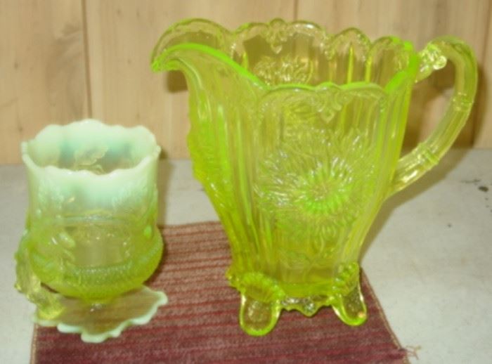 Vaseline Glass Vase & Pitcher