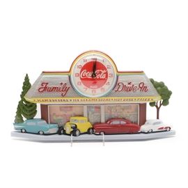 Coca-Cola Wall Clock: A Coca-Cola wall clock. The clock is a one piece plastic mold made to look like a 1940s/50s diner. The clock is situated on the roof of a “Family Drive-In”. Four cars are parked in front; people are inside eating. A Coca-Cola sign adorns the wall above two booths. A counter with people eating is to the right. The clock is quartz and it takes one AA battery (not included). The clock was made by Burwood; the directions are included. The clock does possess a second hand. The clock is flat on one side for hanging.