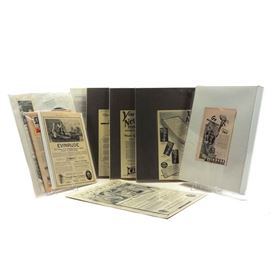 1900s-1940s Outdoor Motor Advertisements: An allotment of outdoor motors advertisements. This selection includes removed advertising pages from magazines highlighting Evinrude, Johnson, Martin, and Caille Companies. There is a total of nine vintage advertisements in which five are framed. The advertisements date from the early 1900s-1940s and were removed from such magazines as “Collier’s.” “Scientific American,”, and “Literary Digest.”