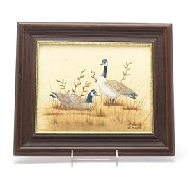 Canadian Geese Oil Painting: An oil painting on masonite by E. Filipe of two Canadian geese. The geese are relaxing in some brush, one is laying down, the other is standing.