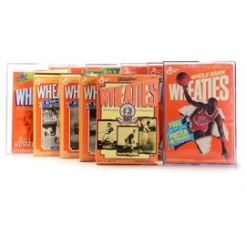 Wheaties Cereal Boxes, Jordan, McGwire, Griffey, Russell, and More: An assortment of ten Wheaties cereal boxes advertising star sports athletes. The boxes portray a colorful image of a star player of the front side with career statistics and achievements on the backs. Enclosed in protective acrylic cases, the athletes include Mark McGwire “70 Home Runs 1998,” Ken Griffey Jr. “Welcome Home,” Arnold Palmer “A Golfing Legend,” Bill Russell “Boston Celtics,” Michael Jordan “Quotes,” and “Free Poster Offer.” Finally, there are four boxes honoring the greats of Major and Negro League Baseball including Babe Ruth, Lou Gehrig, Willie Mays, and a trio of players such as Josh Gibson, Satchel Page, and Cool Papa Bell.