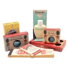 Miscellaneous Candles and Other Items: A group of miscellaneous items. The items are: set of “Watkins-Stathmore King Checkers”; a pad of Top Value Stamps; small store display of “Stopette Spray Deodorant”; small note pad by Kleenex/Curtiss Baby Ruth and three boxes of birthday candles.