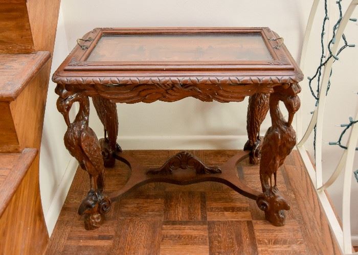 Antique Carved Tea Table with Tray & Inlaid Top