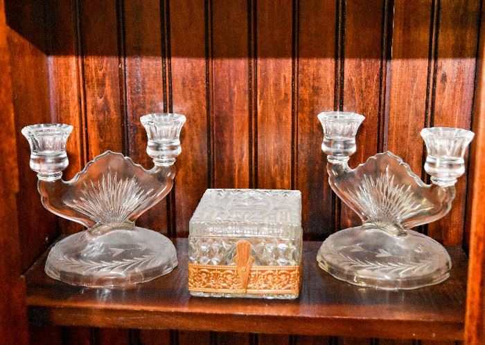 Vintage Etched Glass Double Candlesticks & Trinket Box