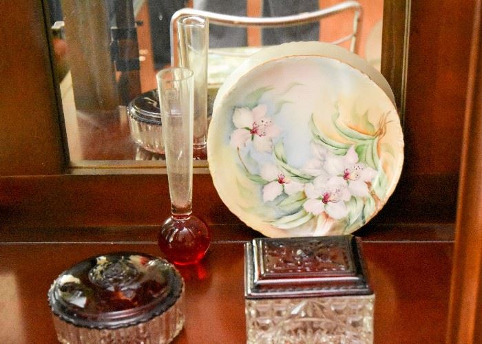 Hand Painted China Plate, Ruby Glass (Lids) Trinket Boxes